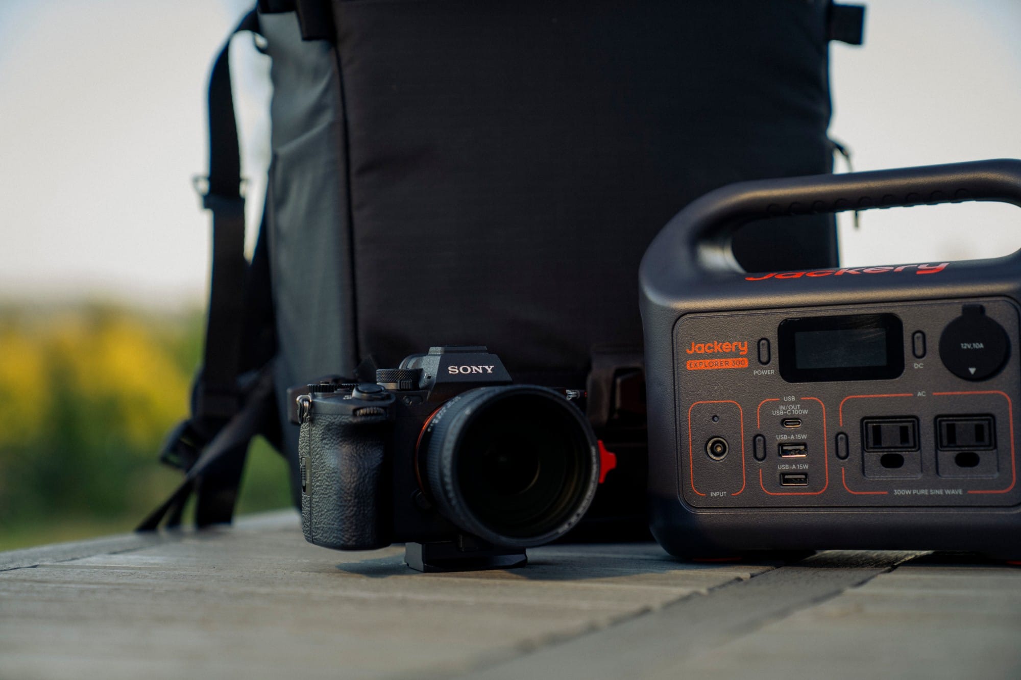 Sony mirrorless camera and portable power station ready for a full-day shoot